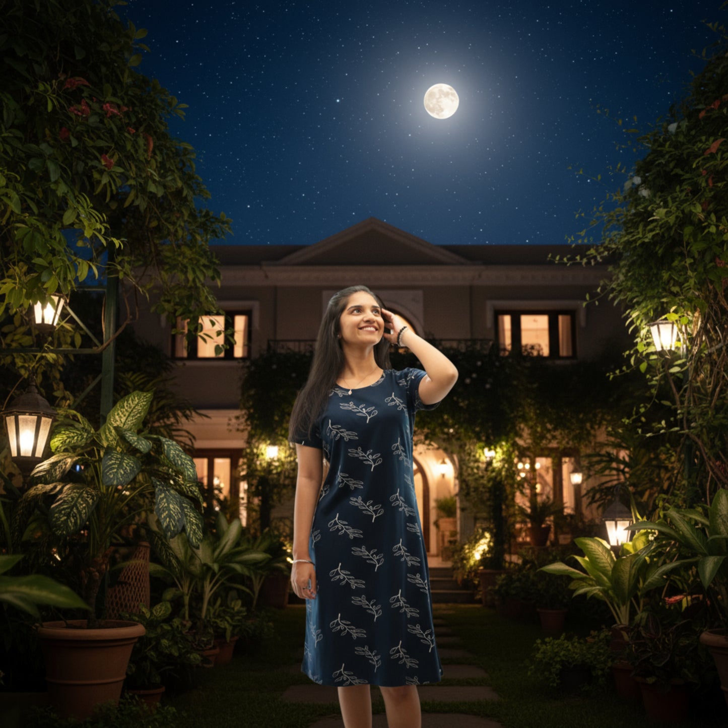 women wearing navy blue color cotton short nighty with leaves design printed in white color all over, it has a pocket 