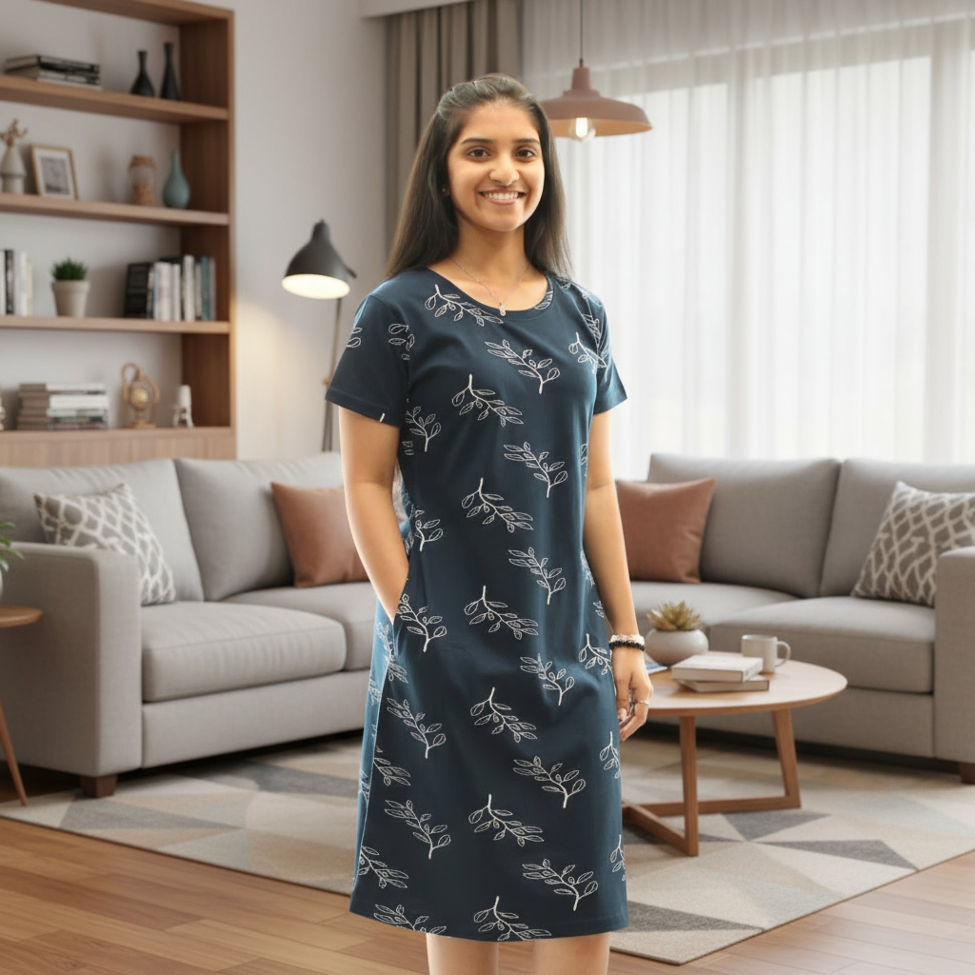 women wearing navy blue color cotton short nighty with leaves design printed in white color all over, it has a pocket 