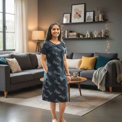 women wearing navy blue color cotton short nighty with leaves design printed in white color all over, it has a pocket 