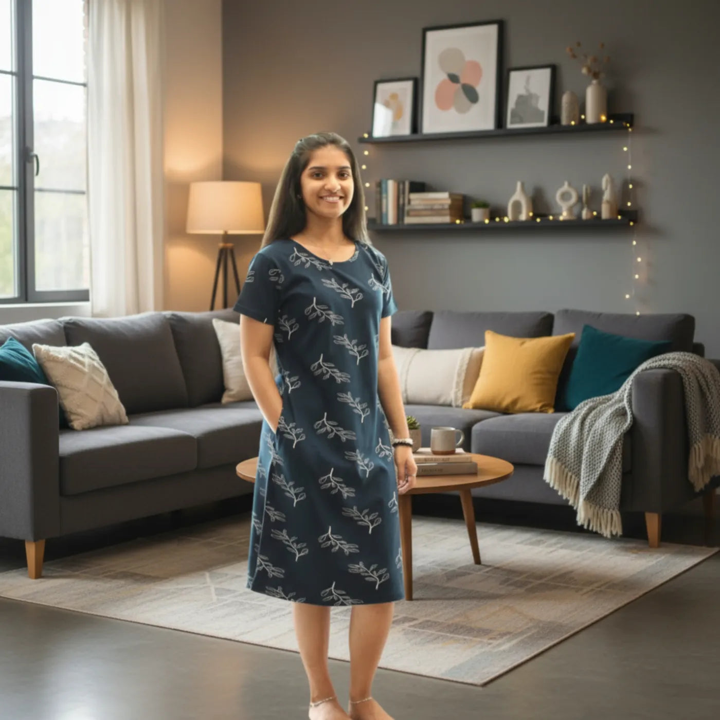 women wearing navy blue color cotton short nighty with leaves design printed in white color all over, it has a pocket 