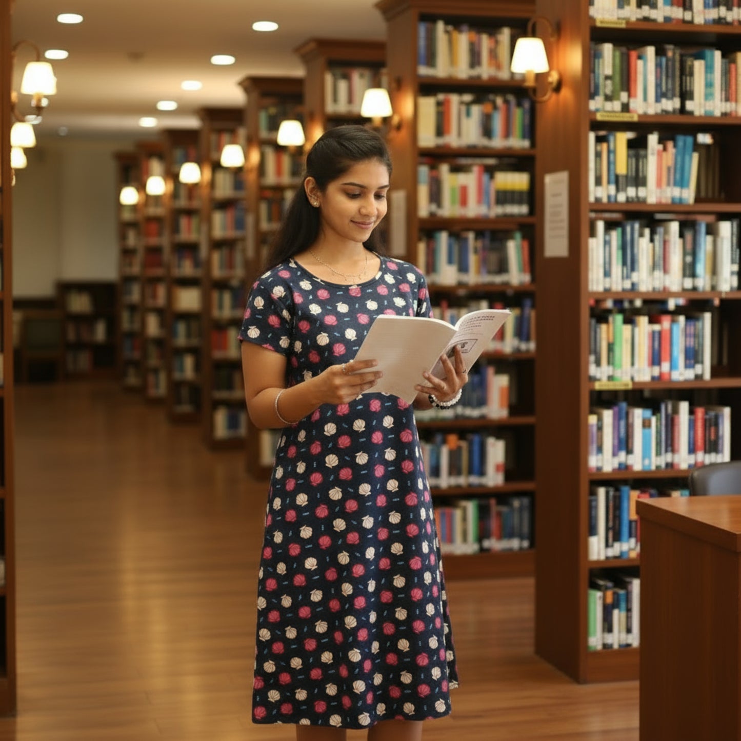 women wearing navy color cotton short nighty with all over floral print designs, holding a book and reading
