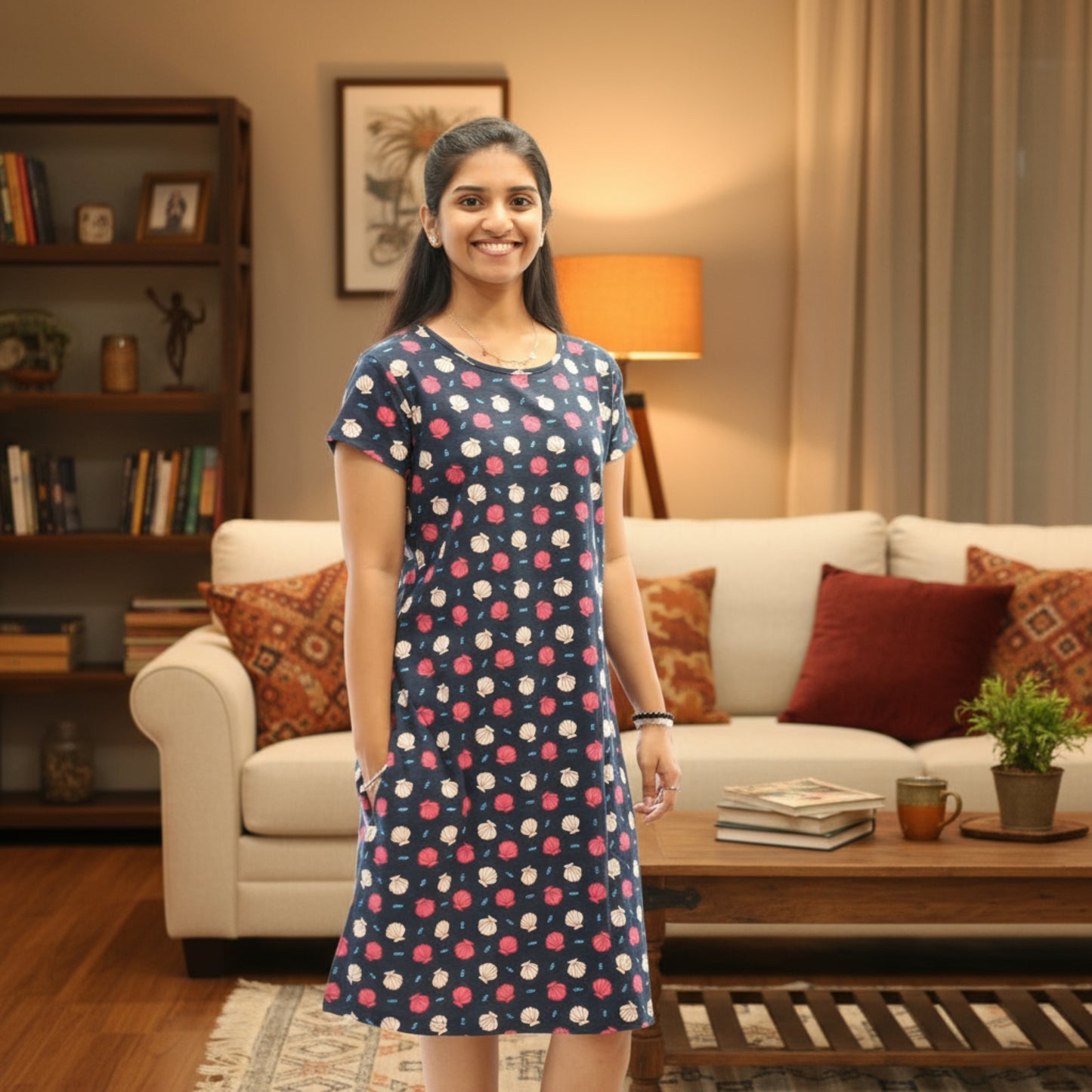 women wearing navy color cotton short nighty with all over floral design printed with hands in pocket