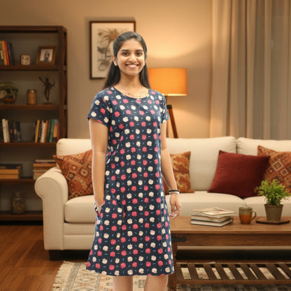 women wearing navy color cotton short nighty with all over floral design printed with hands in pocket