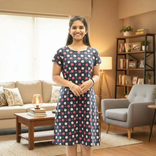 women wearing navy color cotton knee length short nighty with floral prints all over. 