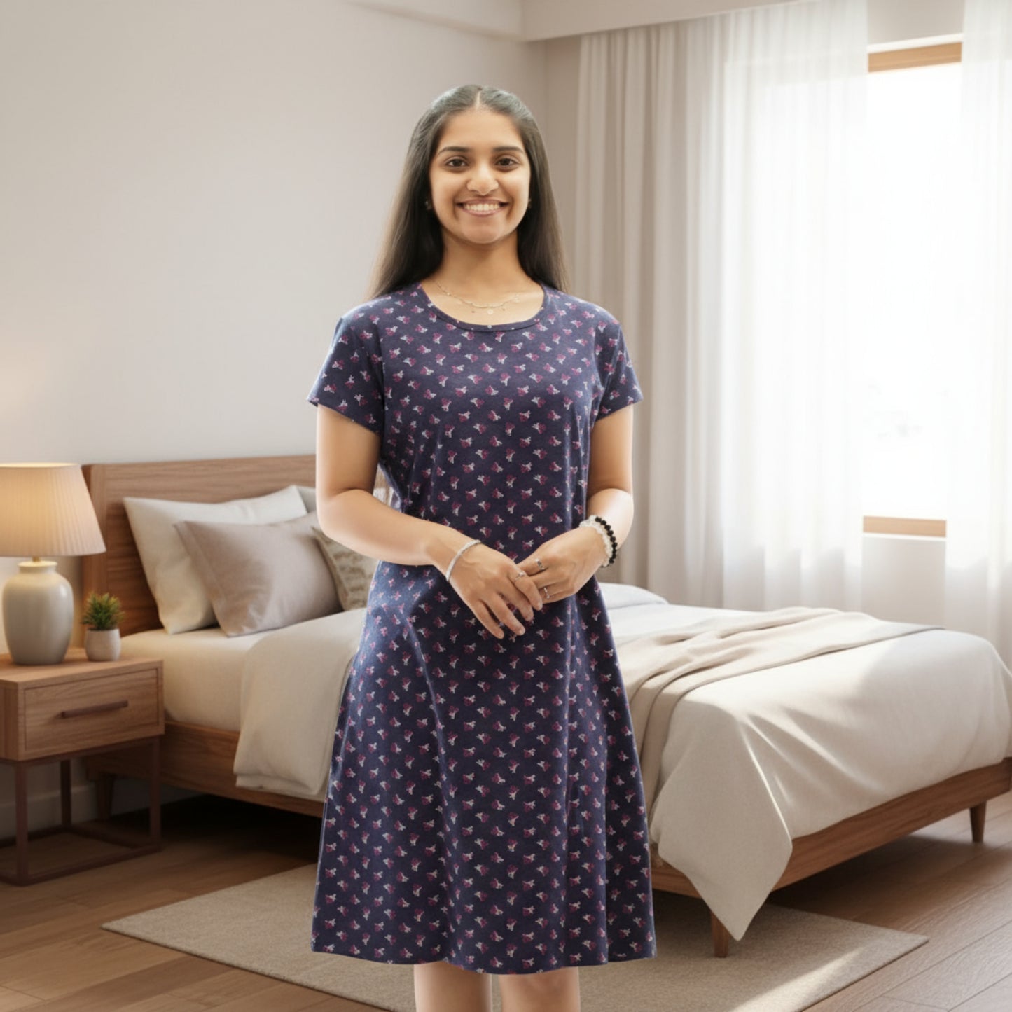women wearing navy blue cotton short nighty with all over prints