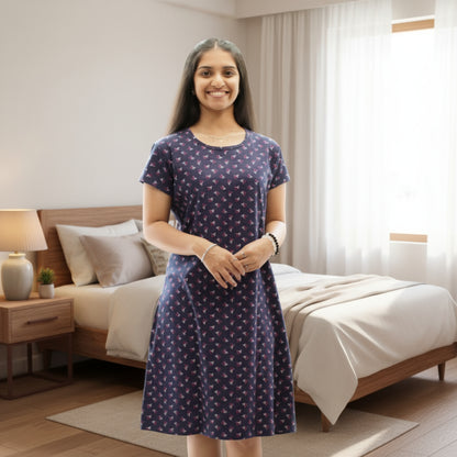 women wearing navy blue cotton short nighty with all over prints