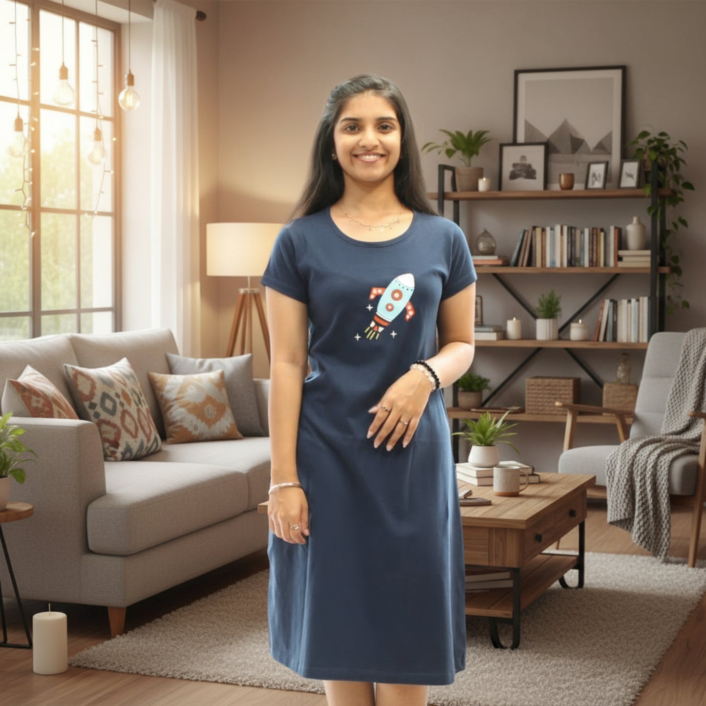 women wearing navy blue cotton  knee length short gown with rocket design printed in chest area 