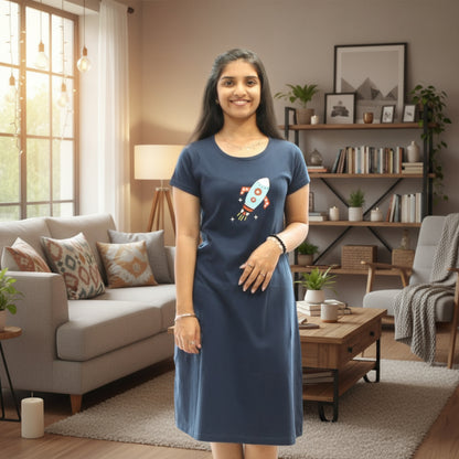 women wearing navy blue cotton  knee length short gown with rocket design printed in chest area 