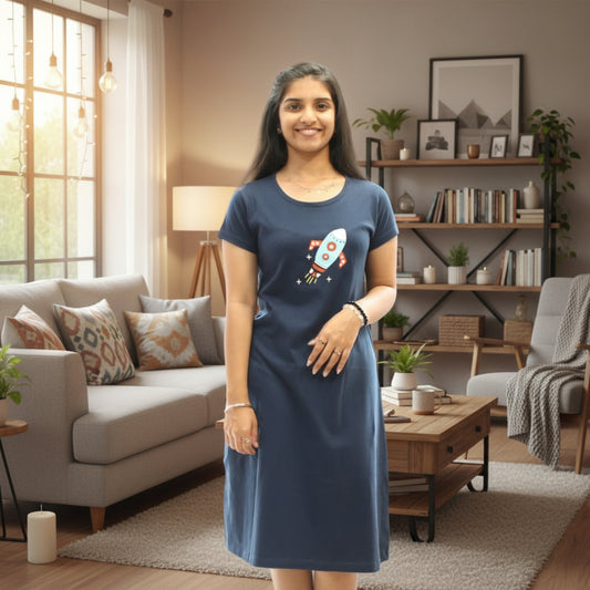 women wearing navy blue cotton  knee length short gown with rocket design printed in chest area 