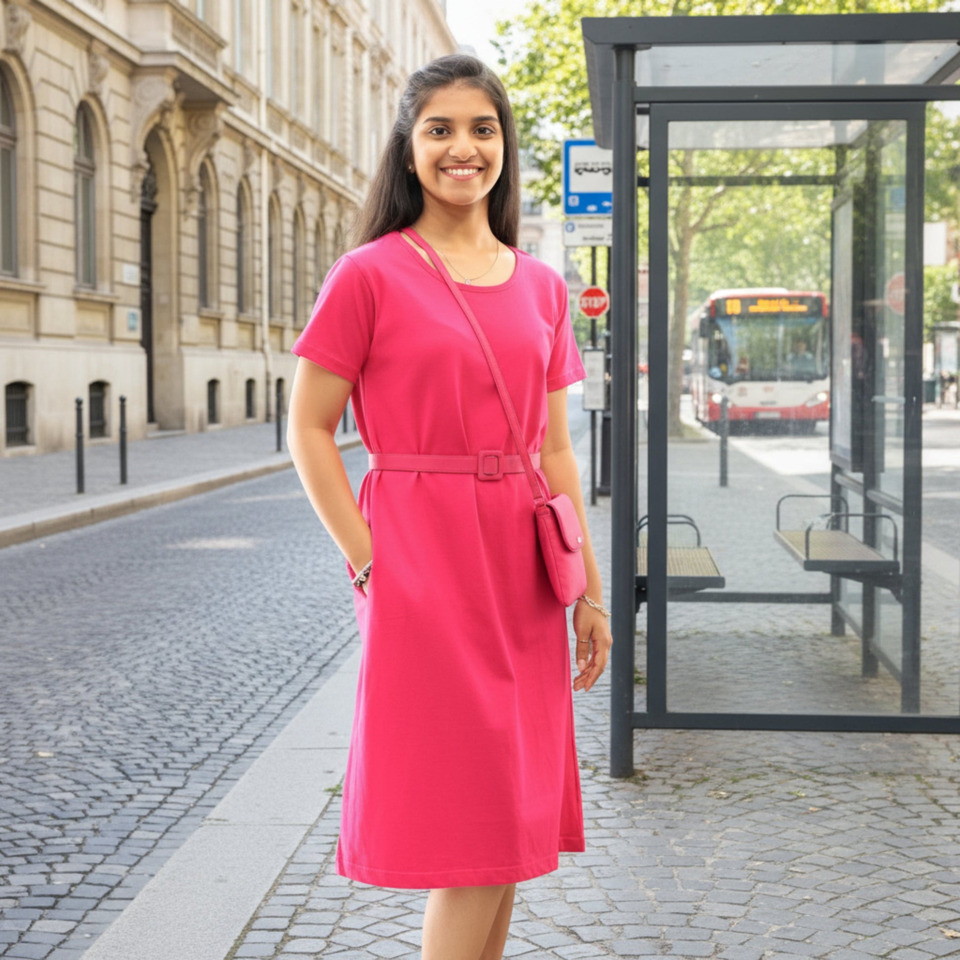 women wearing cotton pink color t shirt dress with hands in pocket