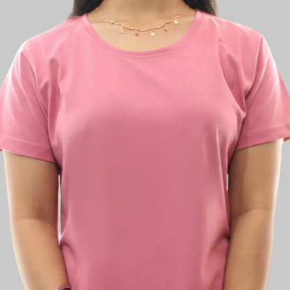 Pink Solid Hosiery Cotton Knee-Length T-Shirt Dress with Pocket