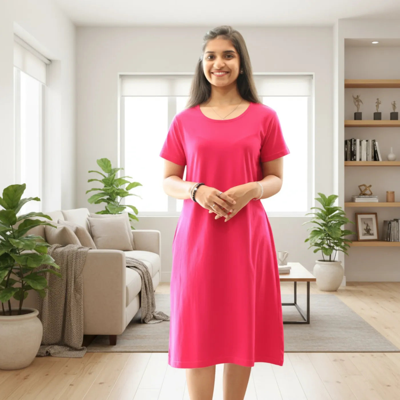 women wearing solid pink color t shirt dress , best home wear during pregnancy