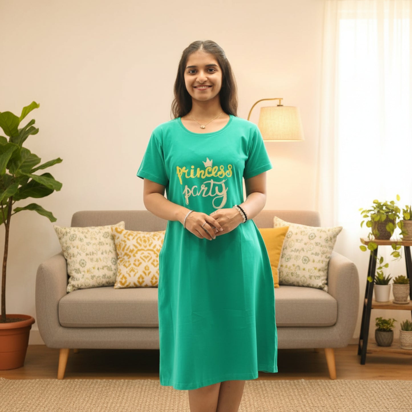 women wearing rama green color cotton short nighty , princess party printed in chest area 