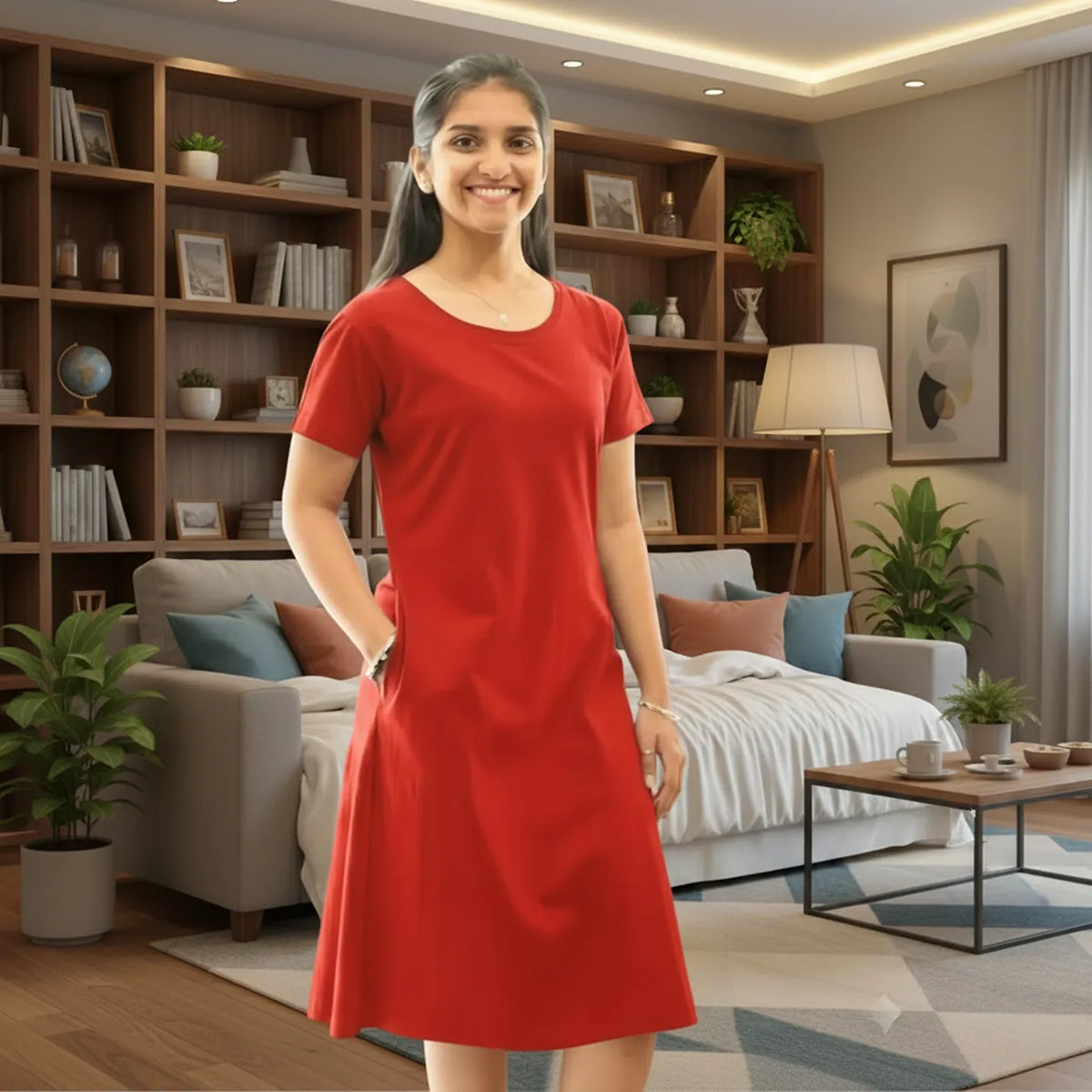 A woman wearing a bright coral-red short-sleeve dress with side pockets stands in a modern living room