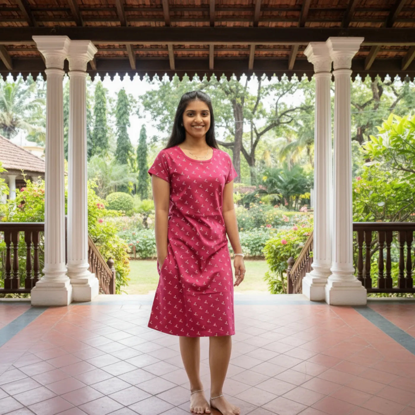 Woman in a red knee length dress standing on a veranda with a garden view