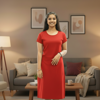 Red Solid Hosiery Cotton Knee-Length T-Shirt Dress with Pocket