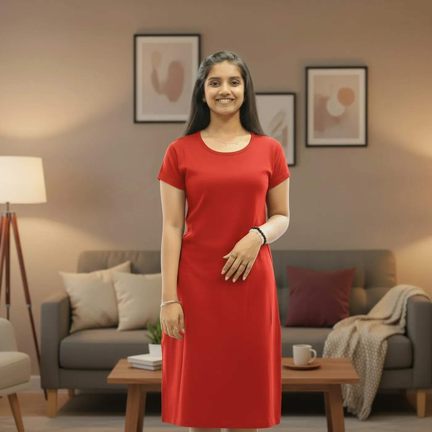 A woman wearing a solid red short-sleeve dress stands in a modern living room setting with a gray sofa, wooden coffee table, and framed wall art in the background.