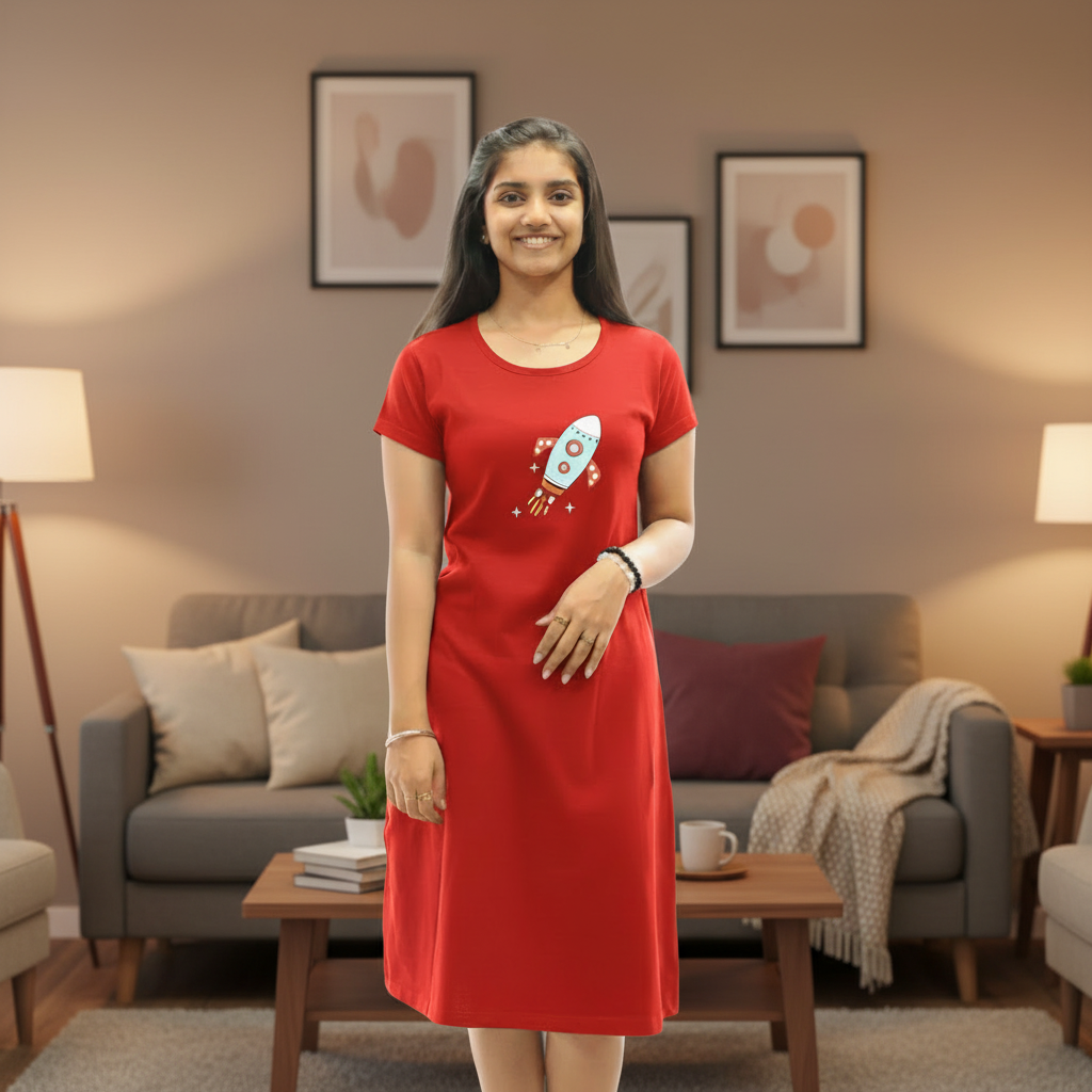 Red Rocket Hosiery Cotton Knee-Length Short Nighty with Pocket