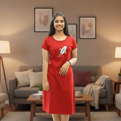 Red Rocket Hosiery Cotton Knee-Length Short Nighty with Pocket
