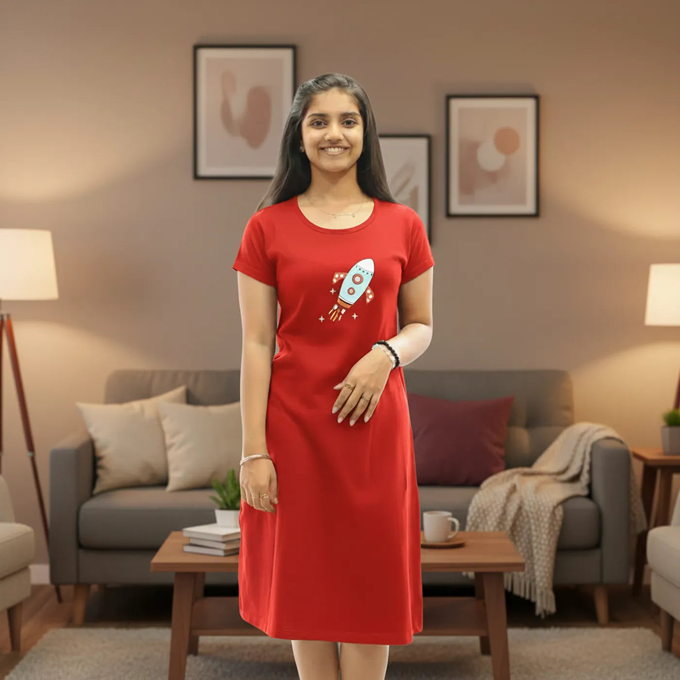 Red Rocket Hosiery Cotton Knee-Length Short Nighty with Pocket