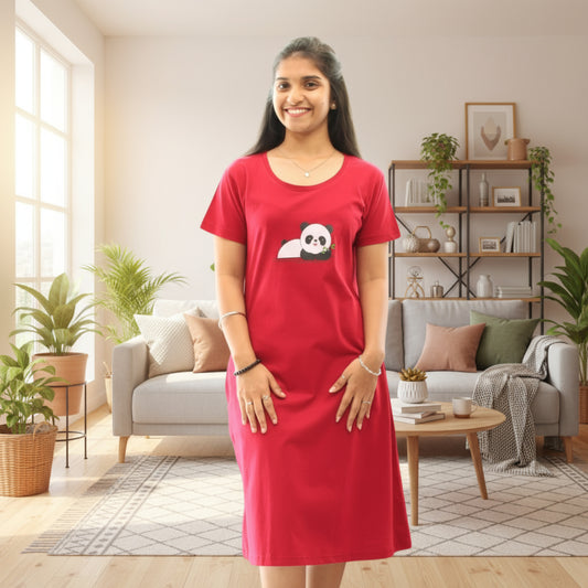 women wearing reddish maroon color short nighty with panda print on chest area 