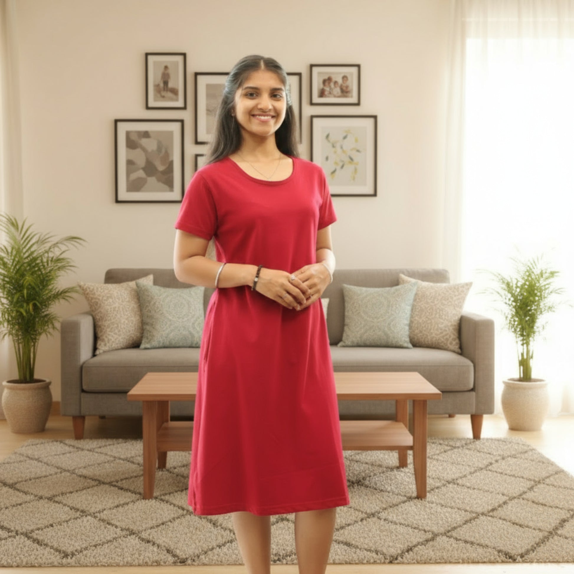 women wearing reddish maroon cotton knee length t shirt dress