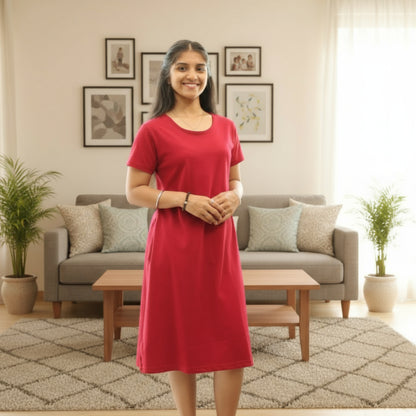 women wearing reddish maroon cotton knee length t shirt dress 