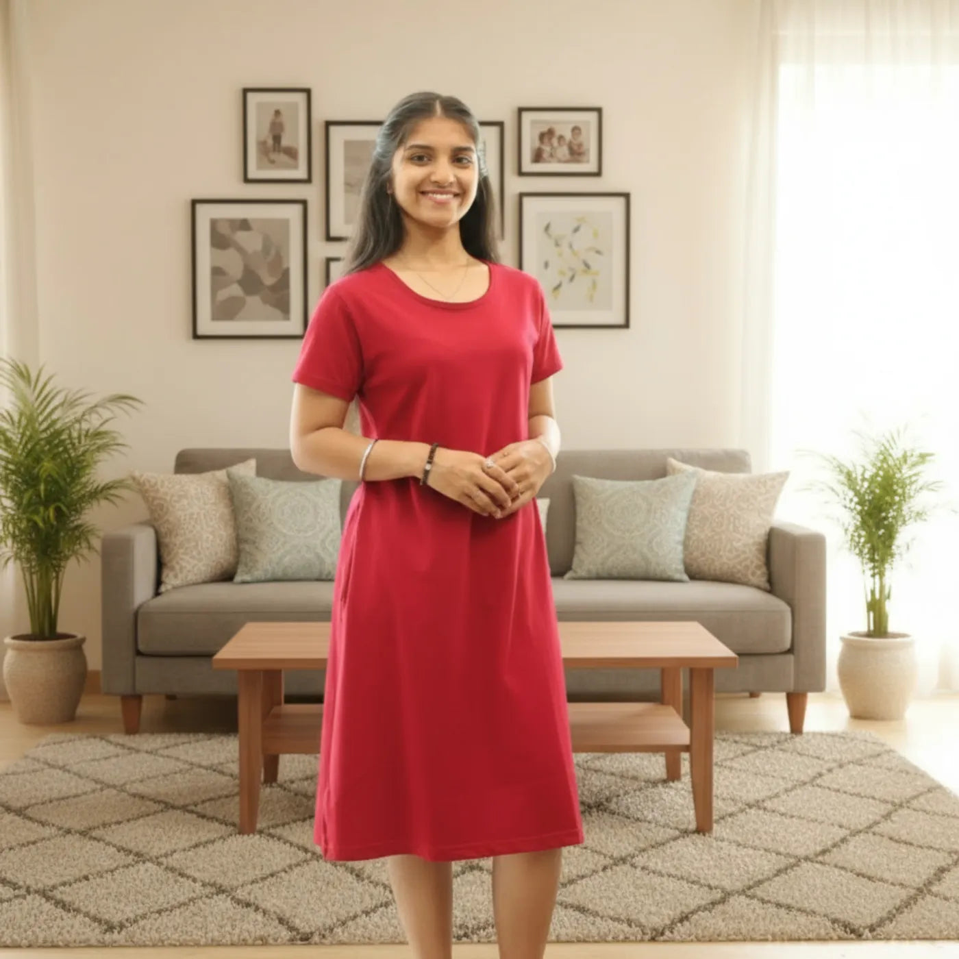 Women wearing red color cotton knee length t shirt dress, standing in a living room