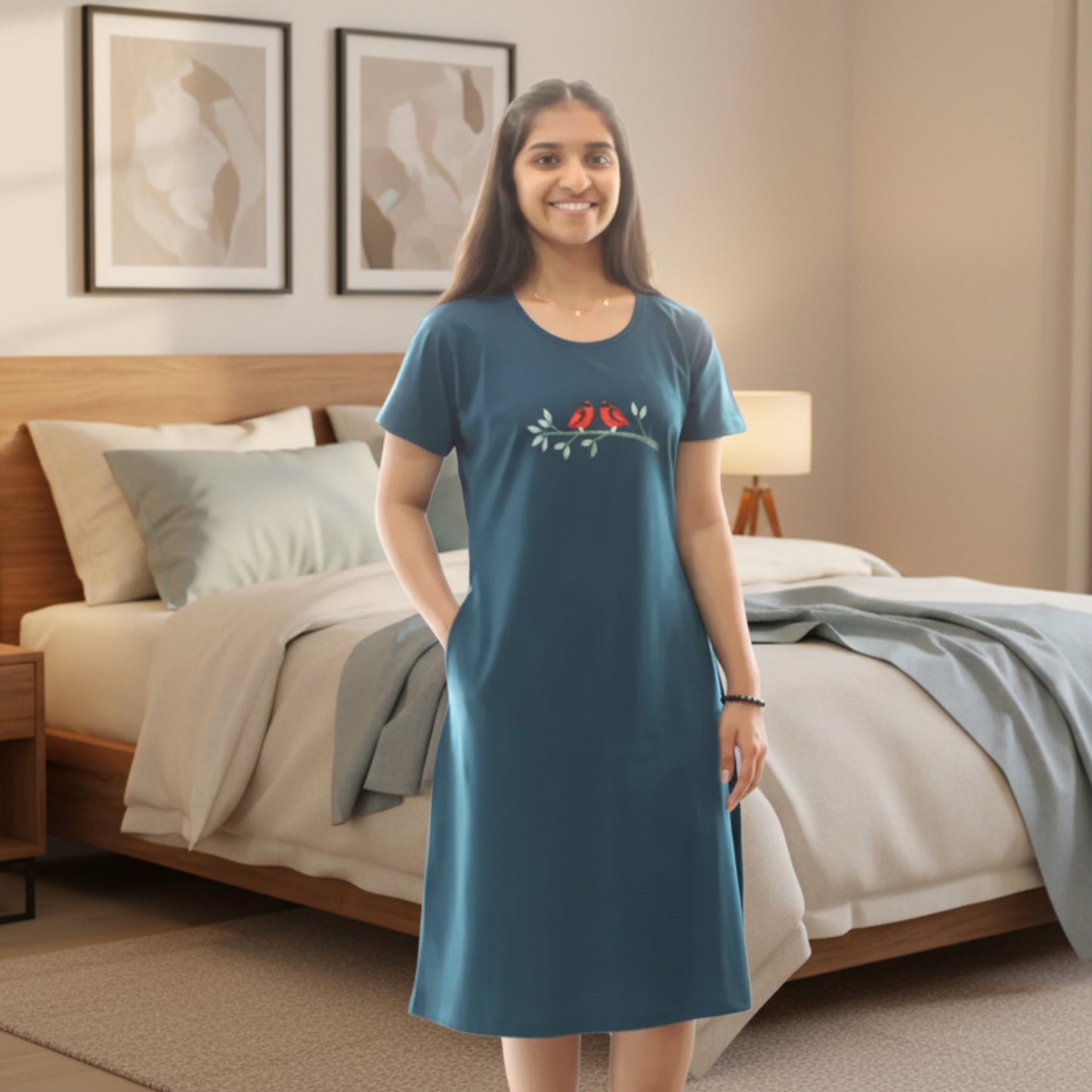 women wearing teal blue color cotton short nighty with birds in branch design printed on chest area 