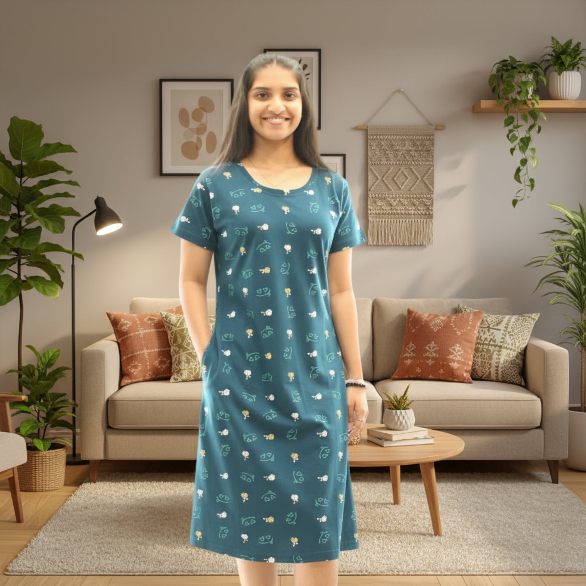 women wearing teal blue color cotton short nighty with all over print design