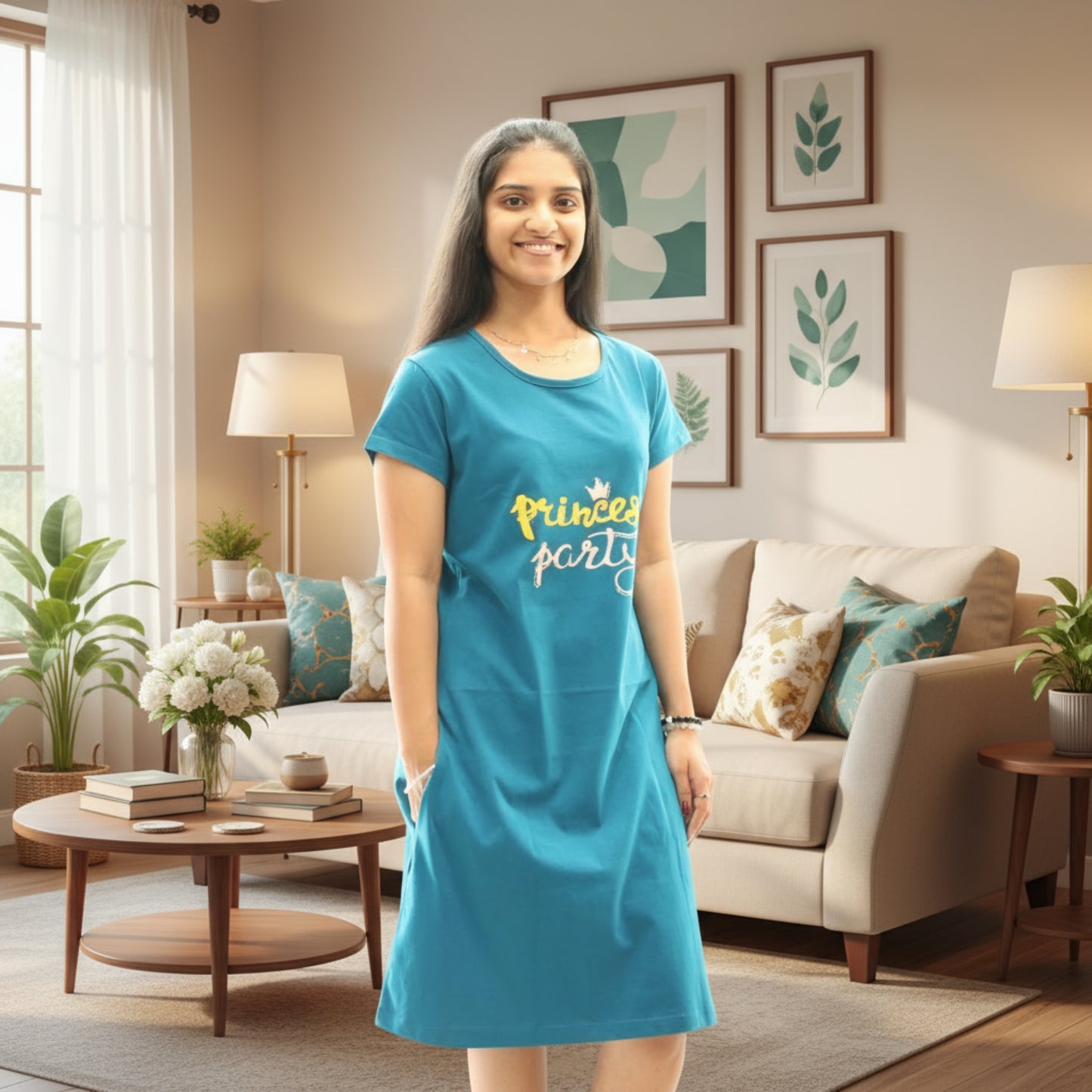 women wearing teal color cotton short nighty with print on chest area, hands in pocket 