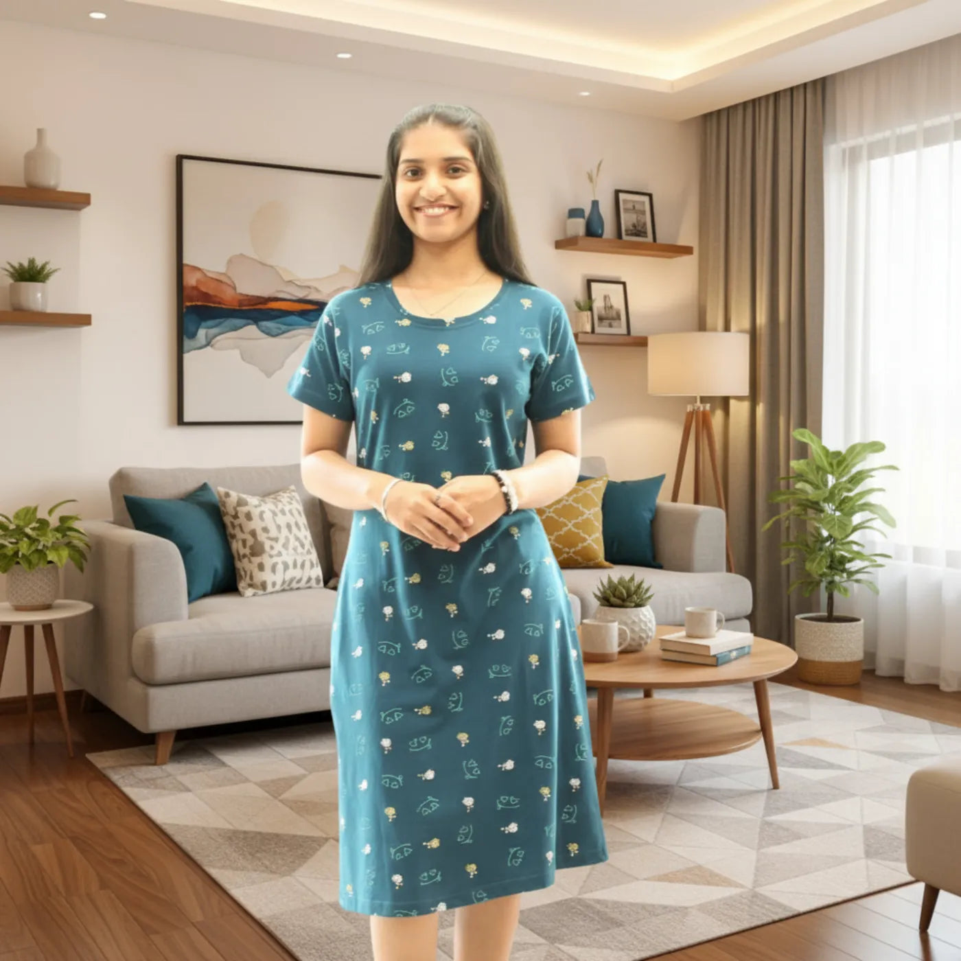 women wearing cotton knee length short nighty with all over print design in teal blue color.