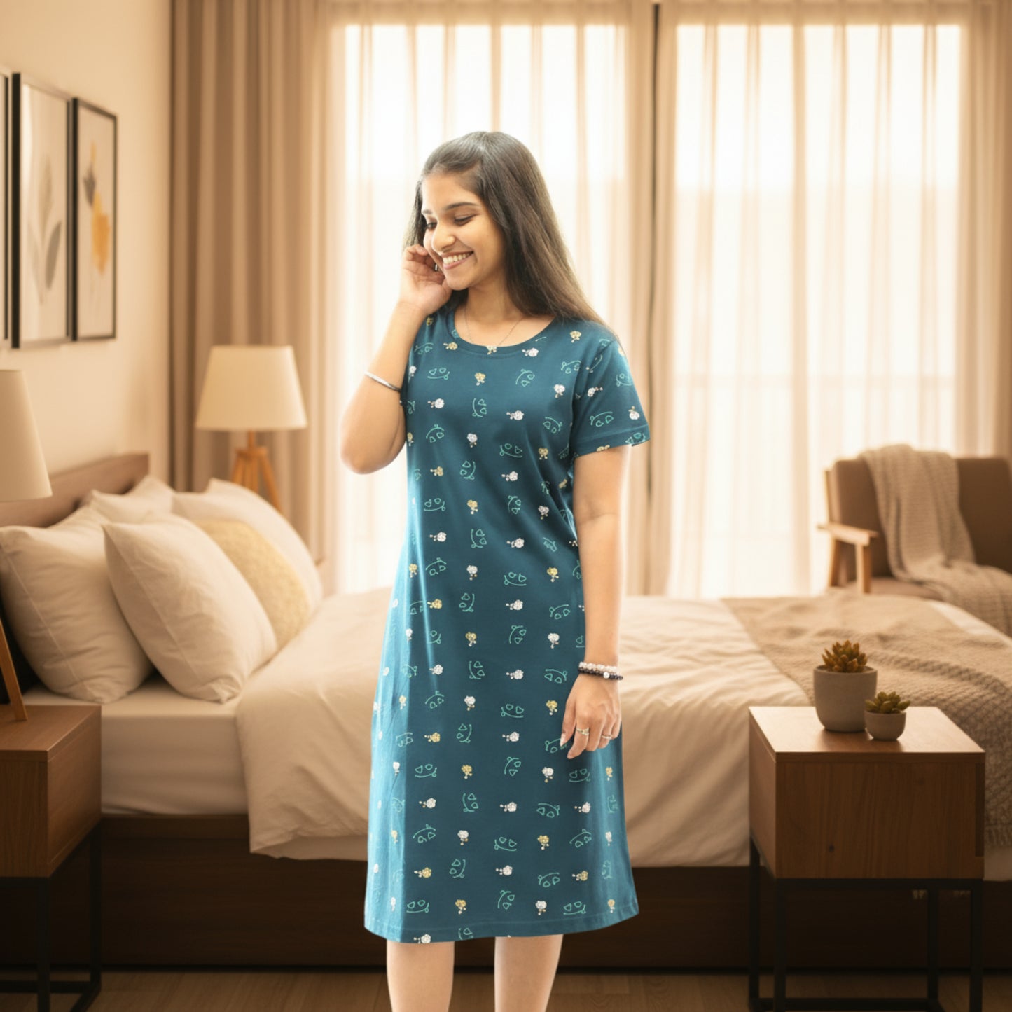 women wearing teal color cotton short nighty with all over print design