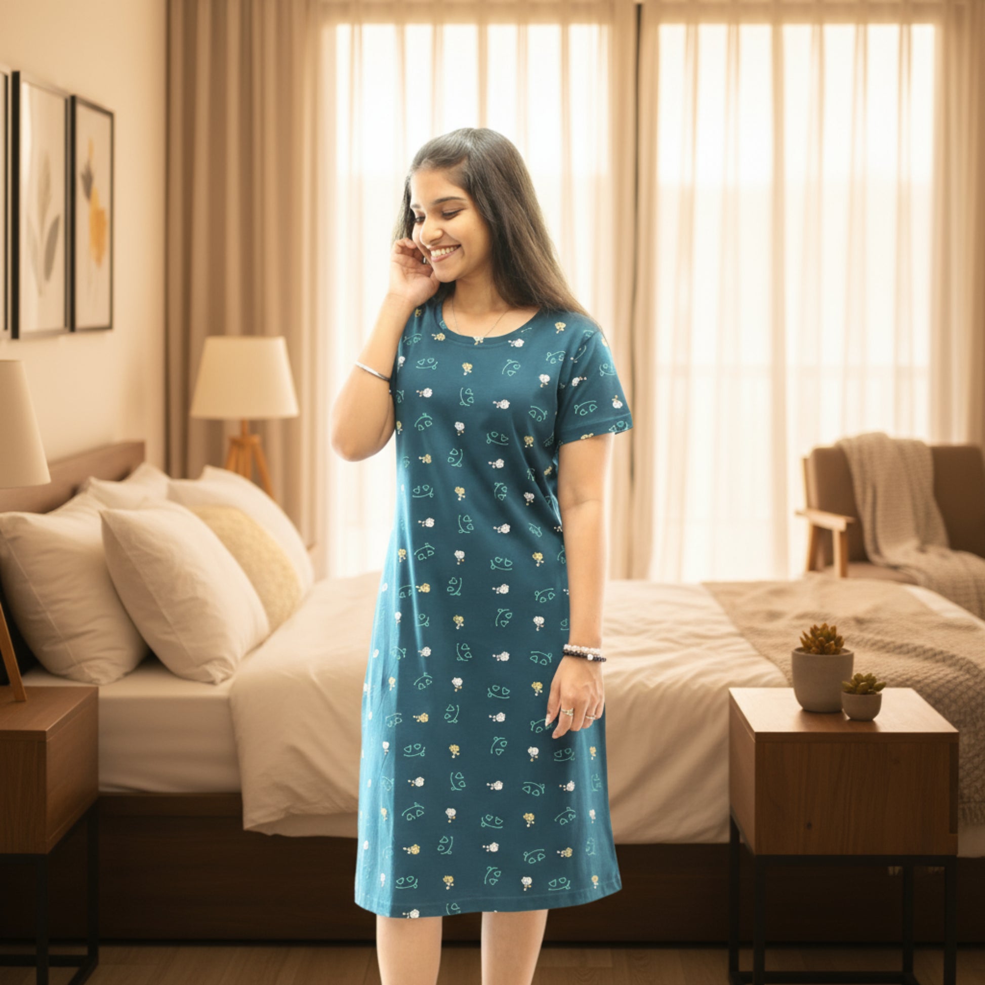 women wearing teal color cotton short nighty with all over print design