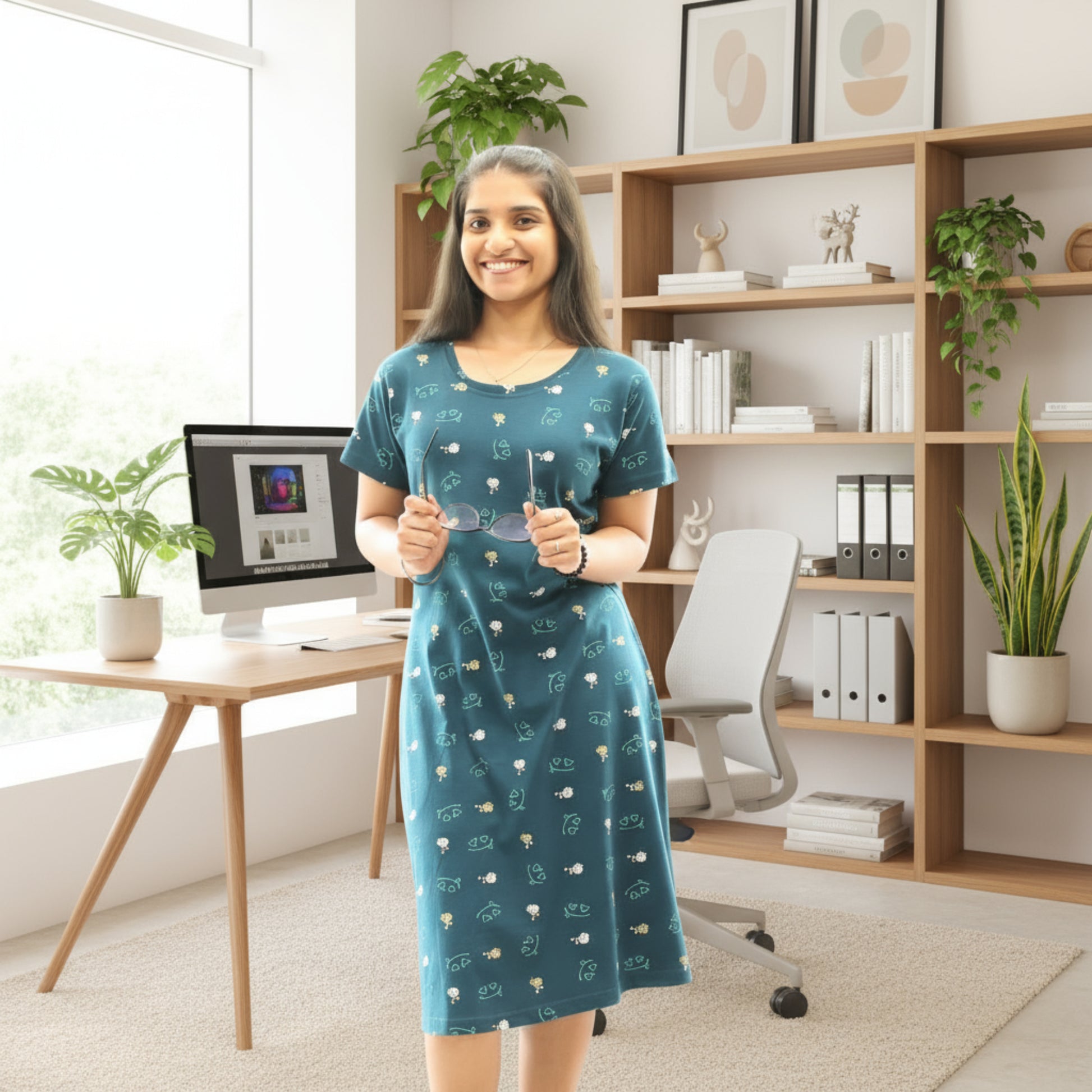 women wearing teal color cotton short nighty with all over print