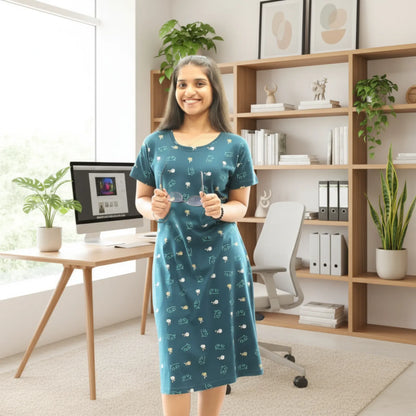 women wearing teal color cotton short nighty with all over print