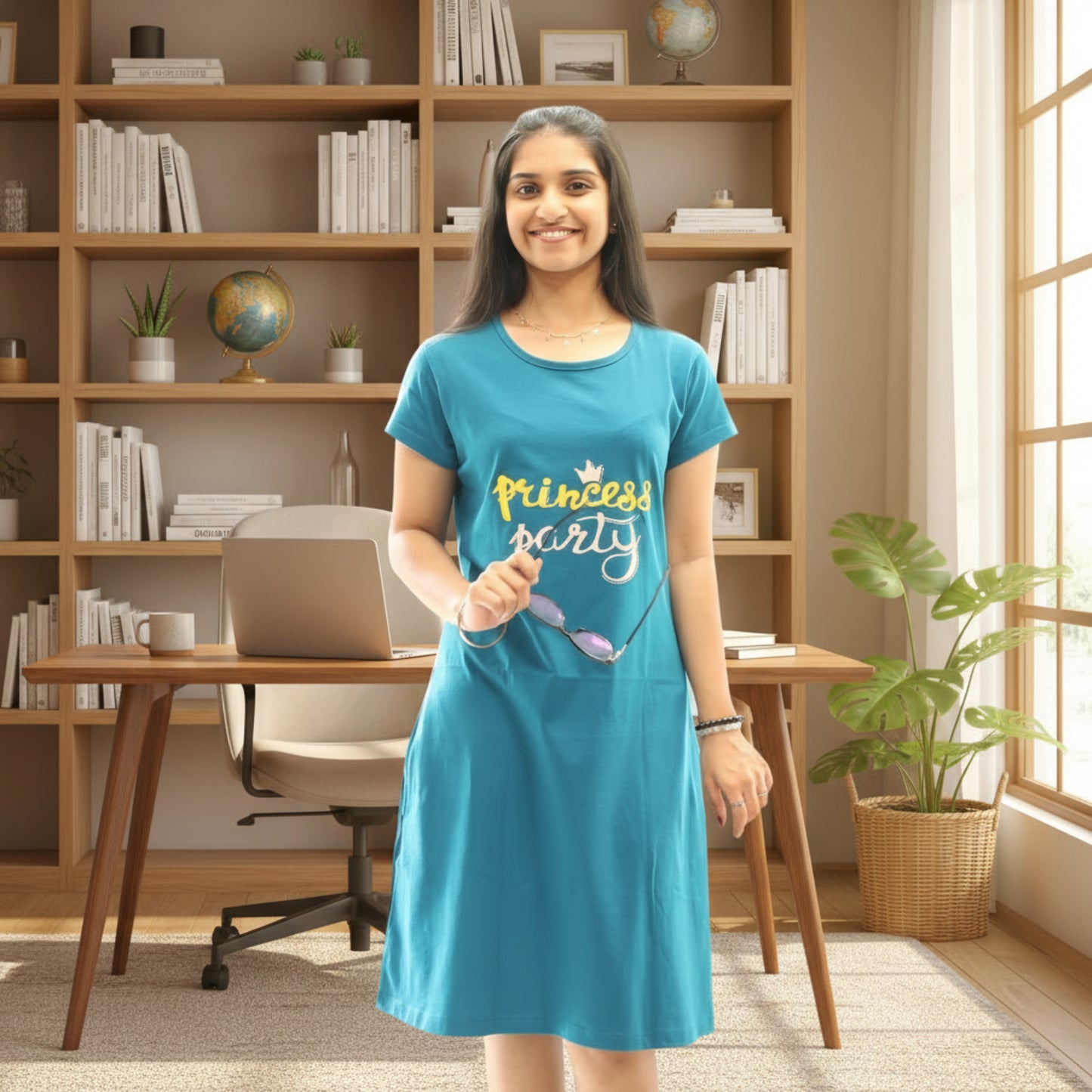 women wearing teal color cotton short nighty with print on chest area, holding goggles 