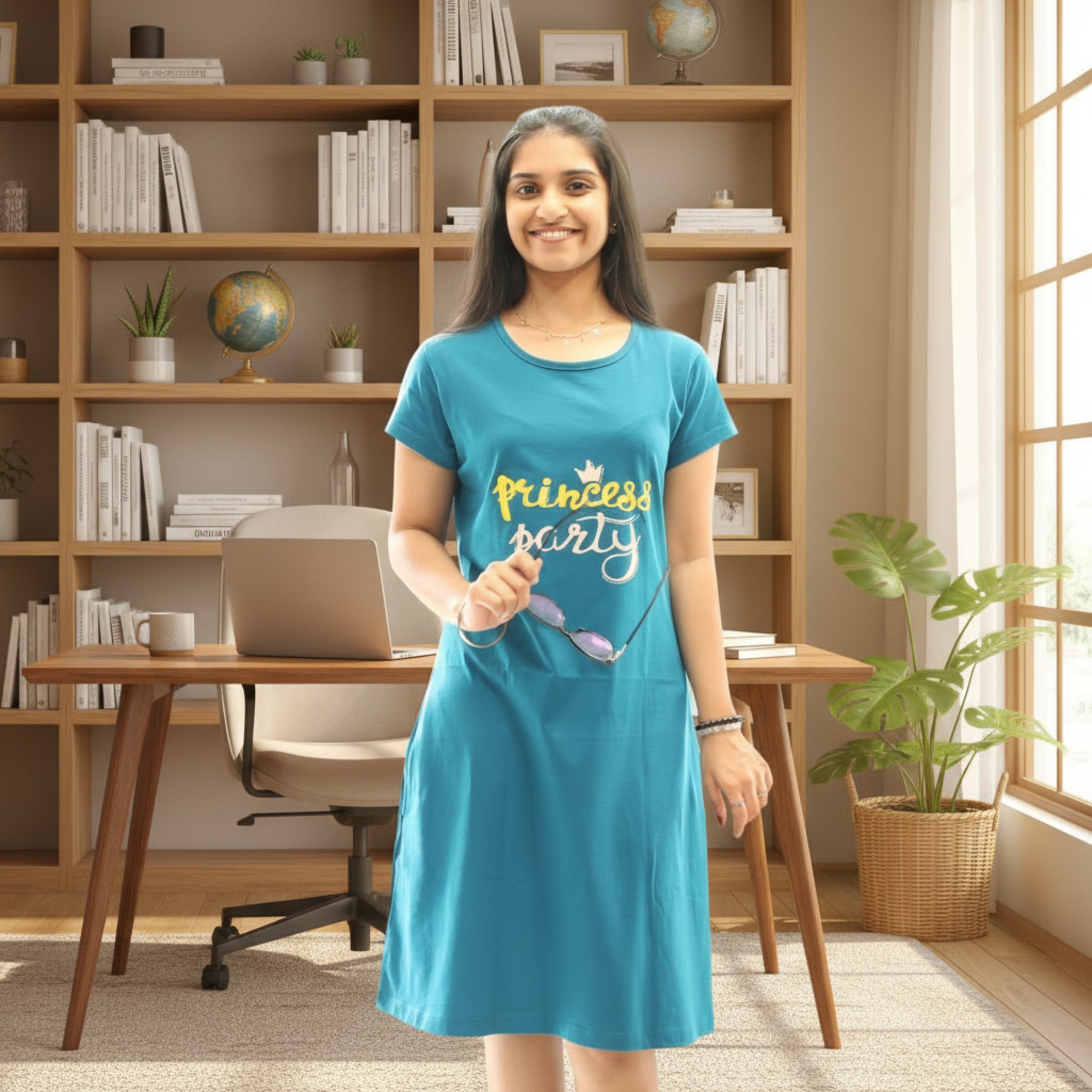 women wearing teal color cotton short nighty with print on chest area, holding goggles 