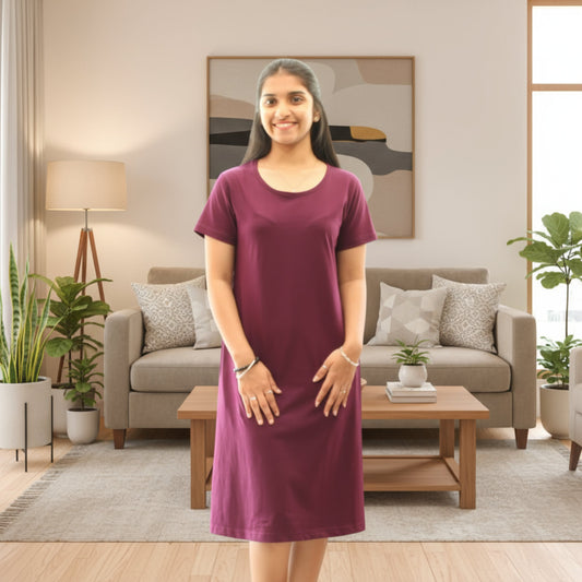 women wearing solid wine color t shirt dress 