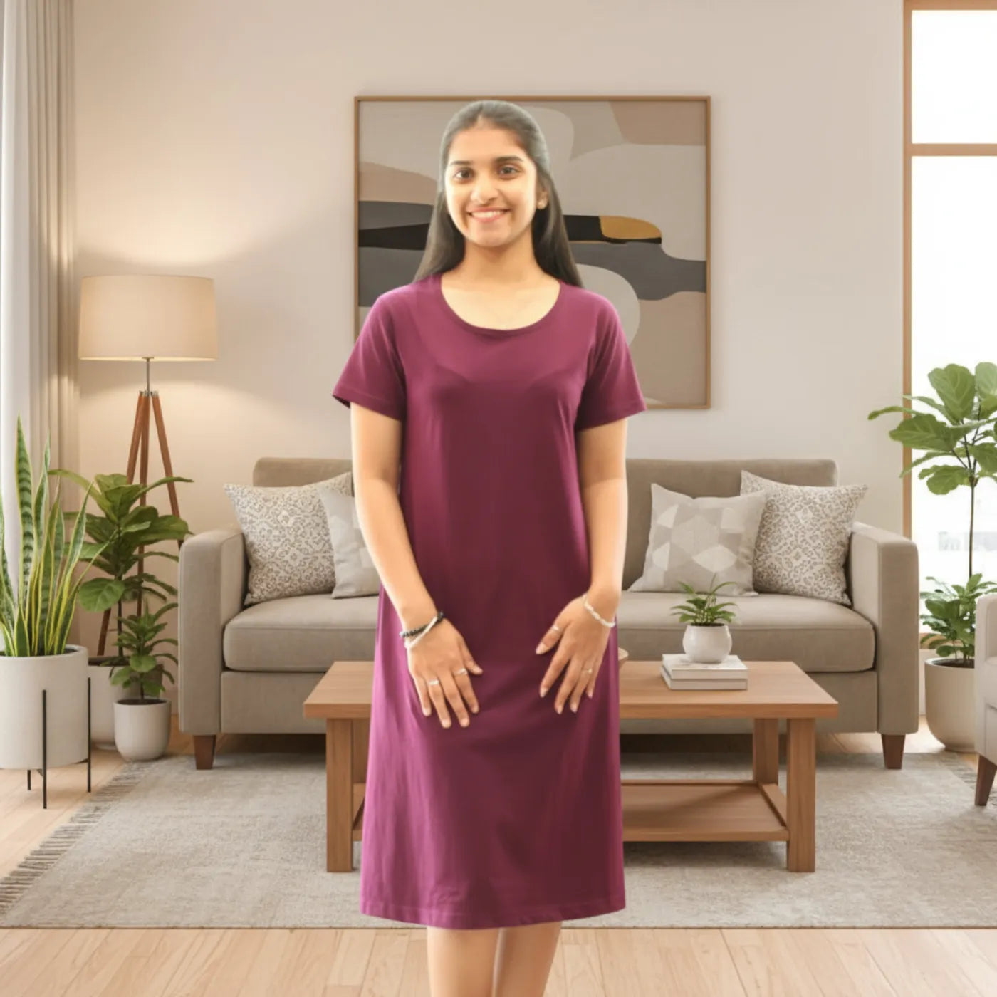 women wearing solid wine color t shirt dress 