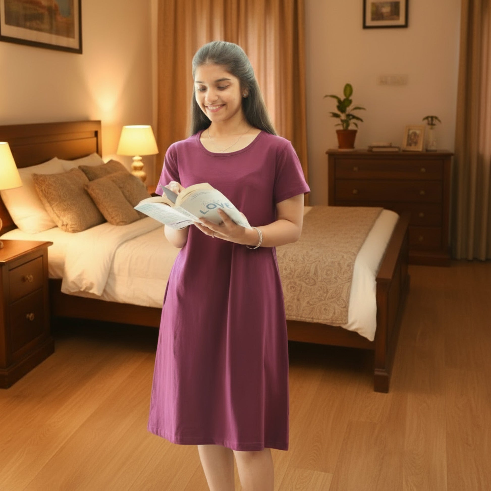 women wearing wine color cotton knee length t shirt dress holding a book
