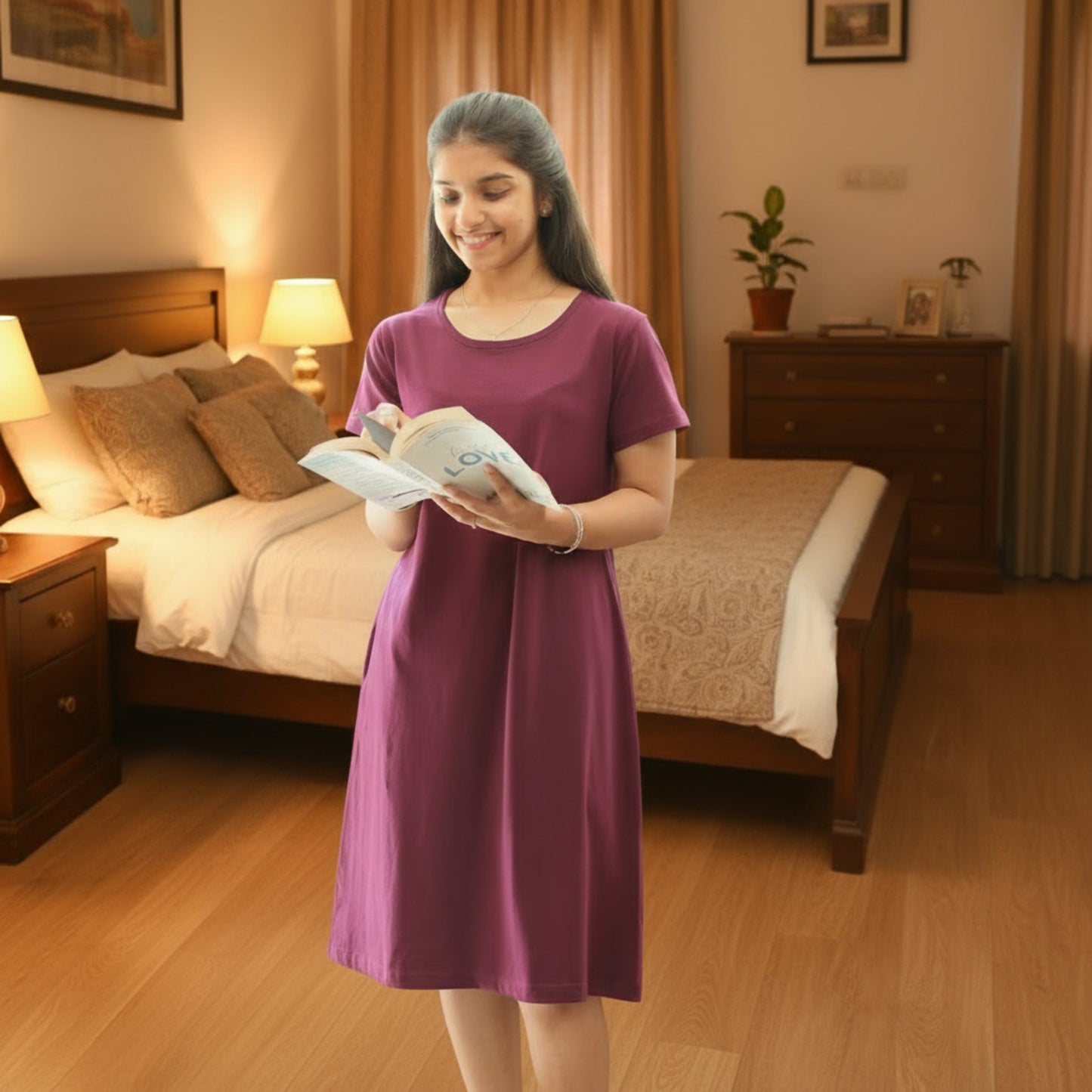 women wearing wine color cotton knee length t shirt dress holding a book