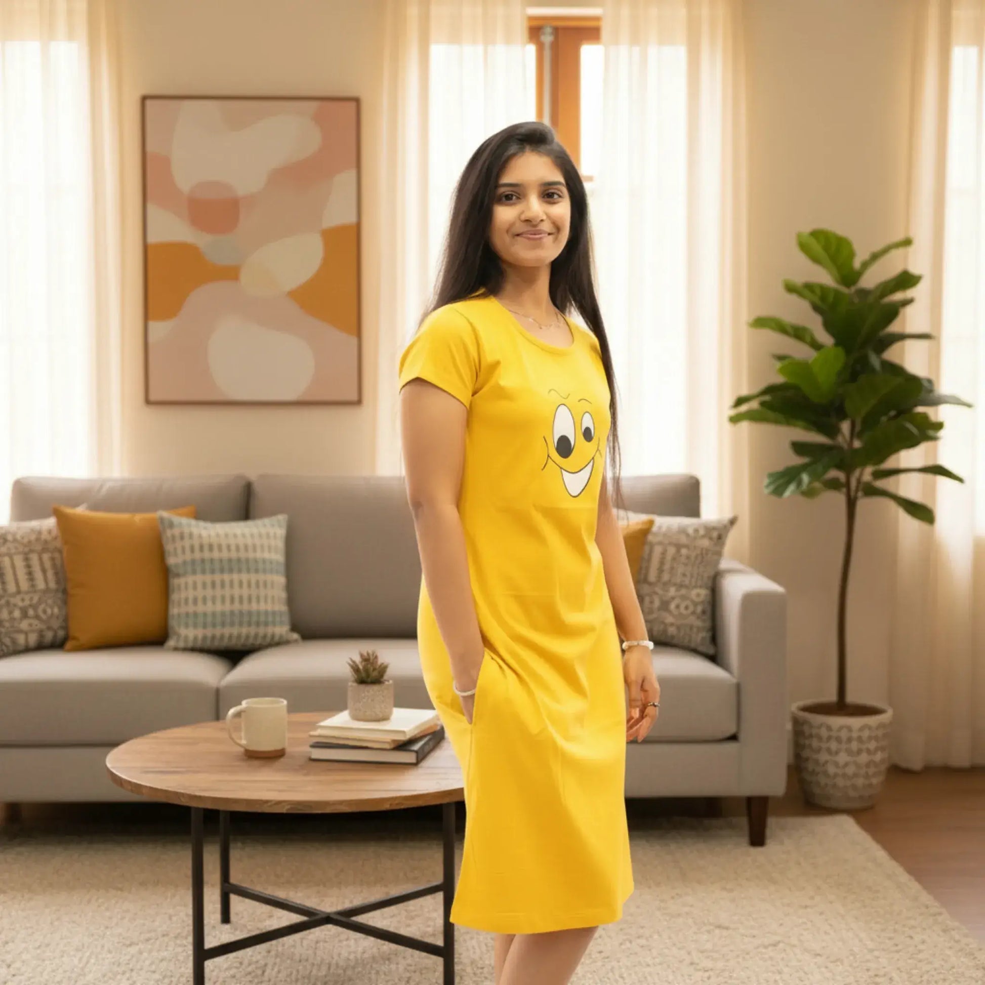 Woman wearing a yellow dress with a smiley face design in a living room.