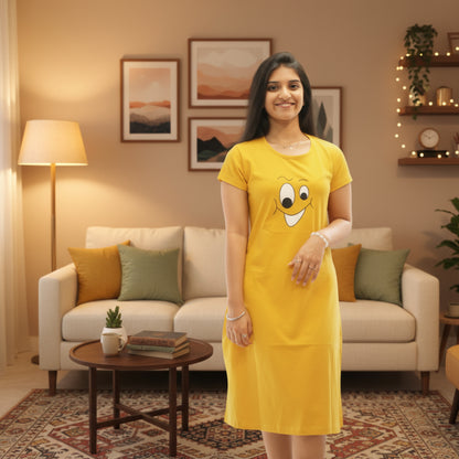 women wearing yellow color cotton short nighty with chest print 