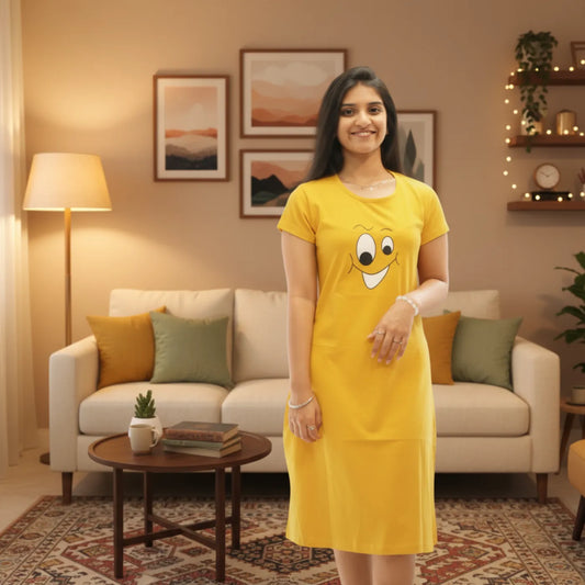 women wearing yellow cotton short nighty with pocket, it has smiley face design in the chest area