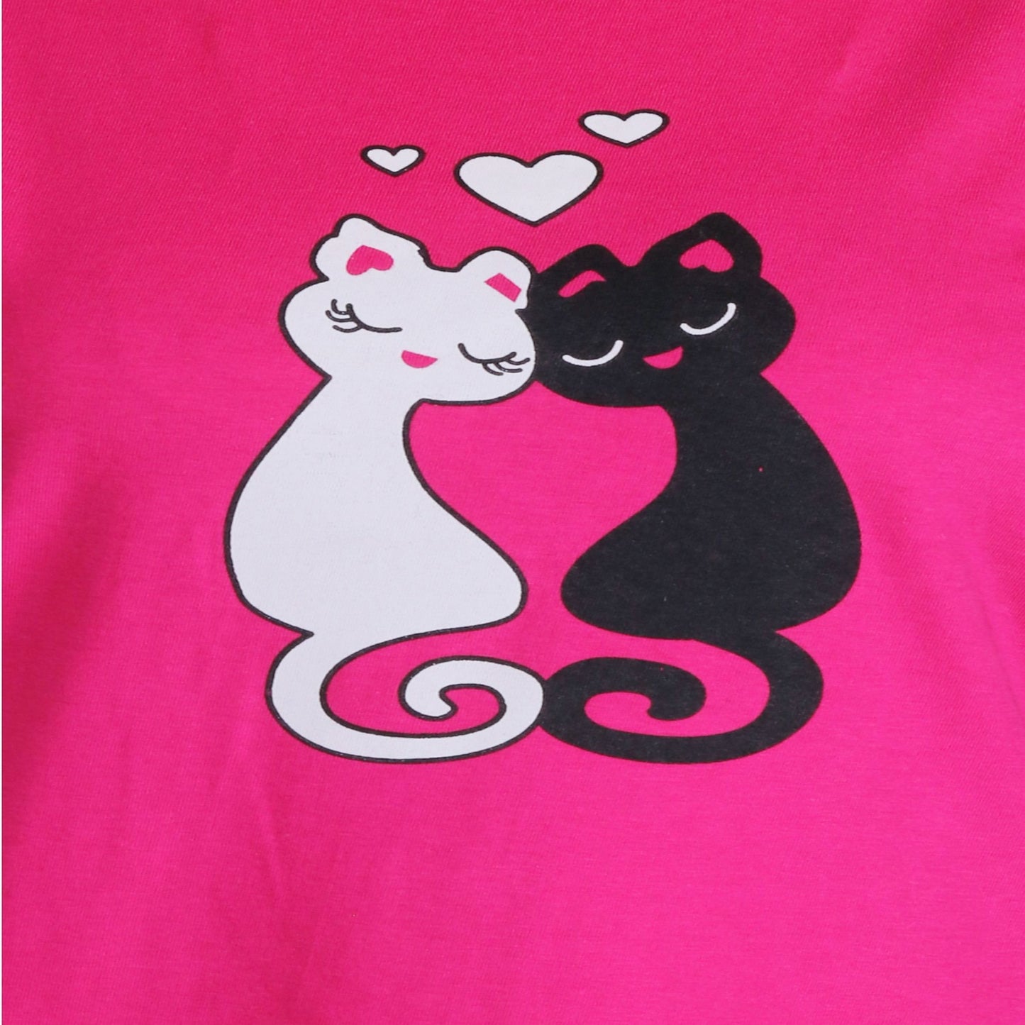 close-up view of pink color t shirt with white and black color cat image printed