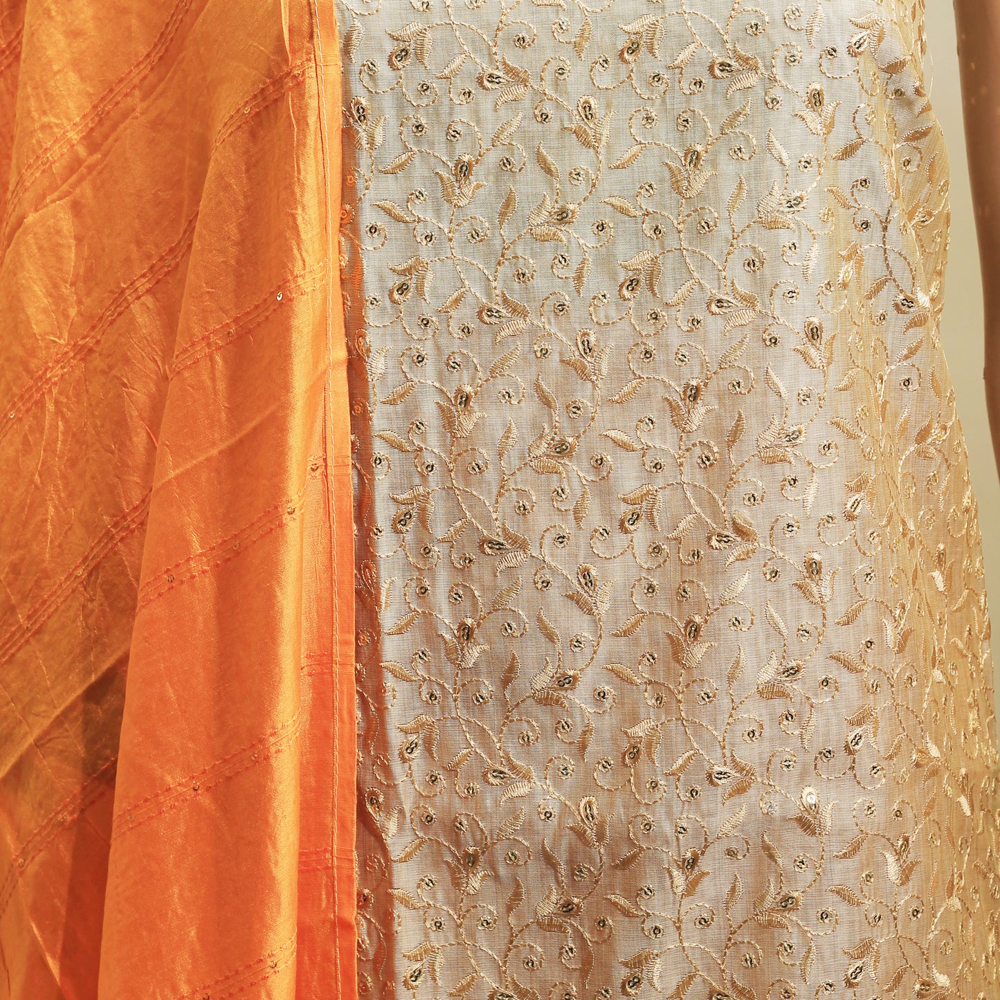 silk cream and orange color embroidered unsticthed dress materials for women