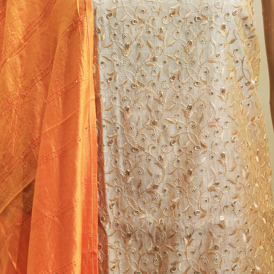 silk cream and orange color embroidered unsticthed dress materials for women