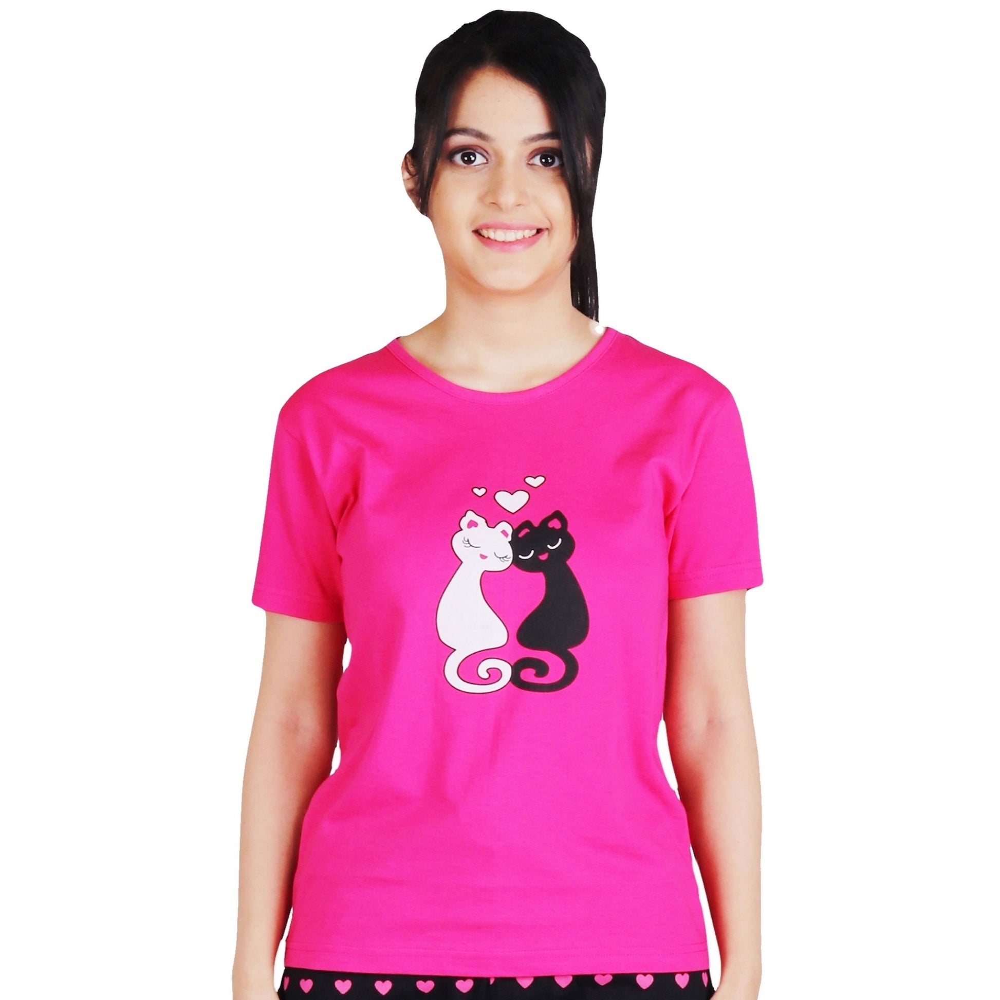 cotton pink color  round neck and short sleeve t shirt with white and black cat image printed