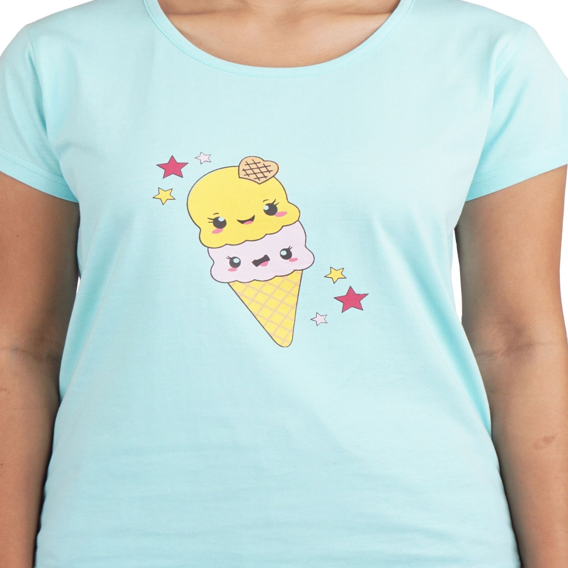 close-up view of t shirt print, ice cream cone in yellow color with eyes design and stars print